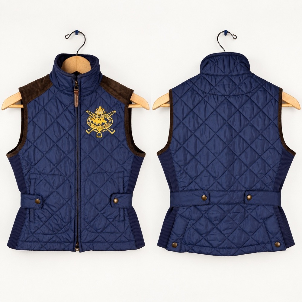 Ralph Lauren Sport Quilted Vest Navy Gold Equestrian Crest Suede Trim Women XS